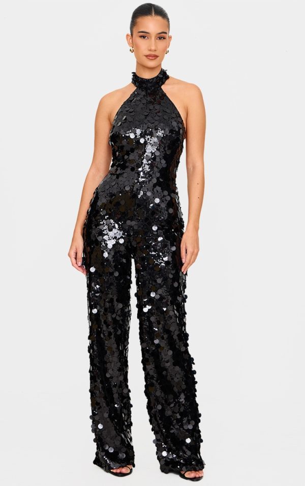 Black Sequin Halterneck Straight Leg Jumpsuit