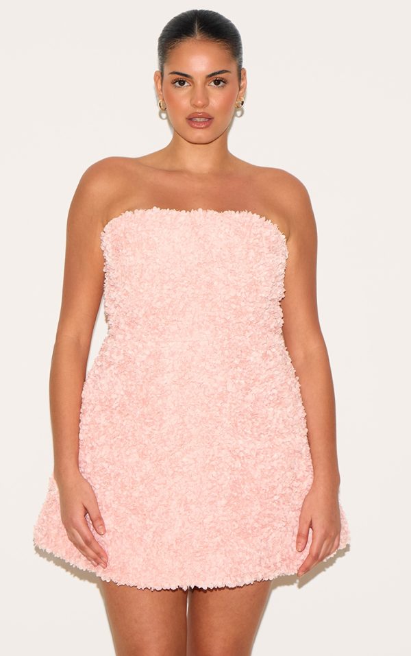 Plus Baby Pink Floral Textured Bandeau Mini Dress