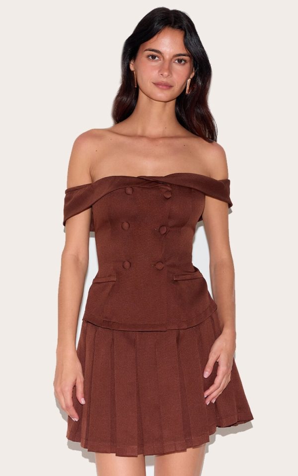 Chocolate Tailored Button Detail Bardot Pleated Skort Romper