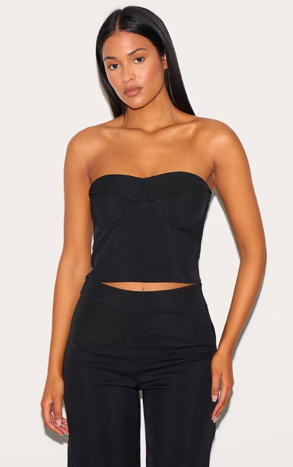 Tall Black Tailored Fold Over Detail Corset Top