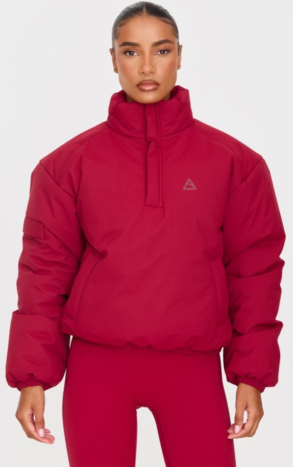 Dark Red High Neck Cropped Puffer Jacket