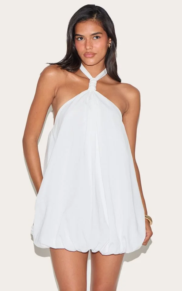White Halterneck Puffball Mini Dress