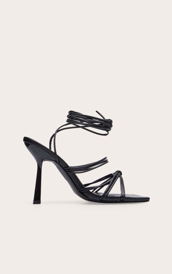 Black Wide Fit Strappy Knot Square Lace Up High Heeled Sandals