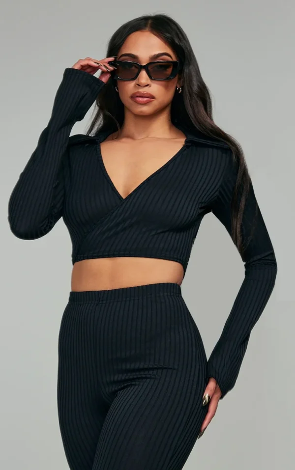 Black Rib Wrap Round Plunged Top