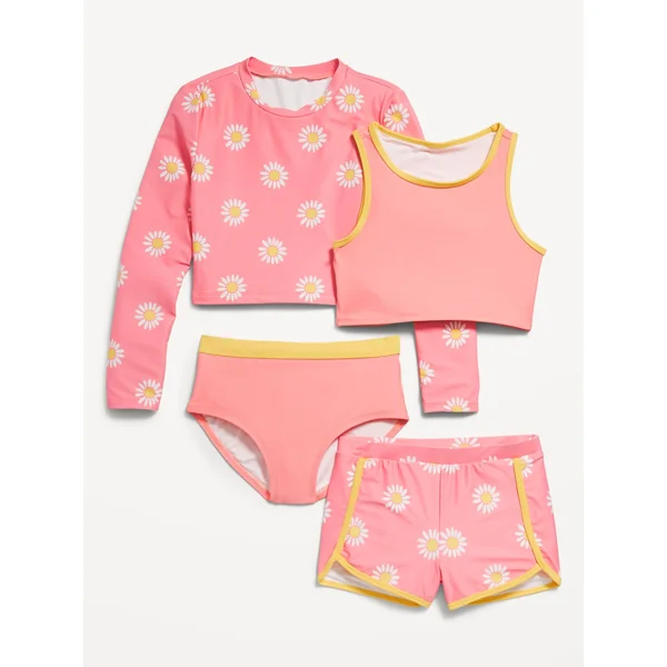 4-Piece Matching Tankini Swim Set for Girls - Pink Daisy