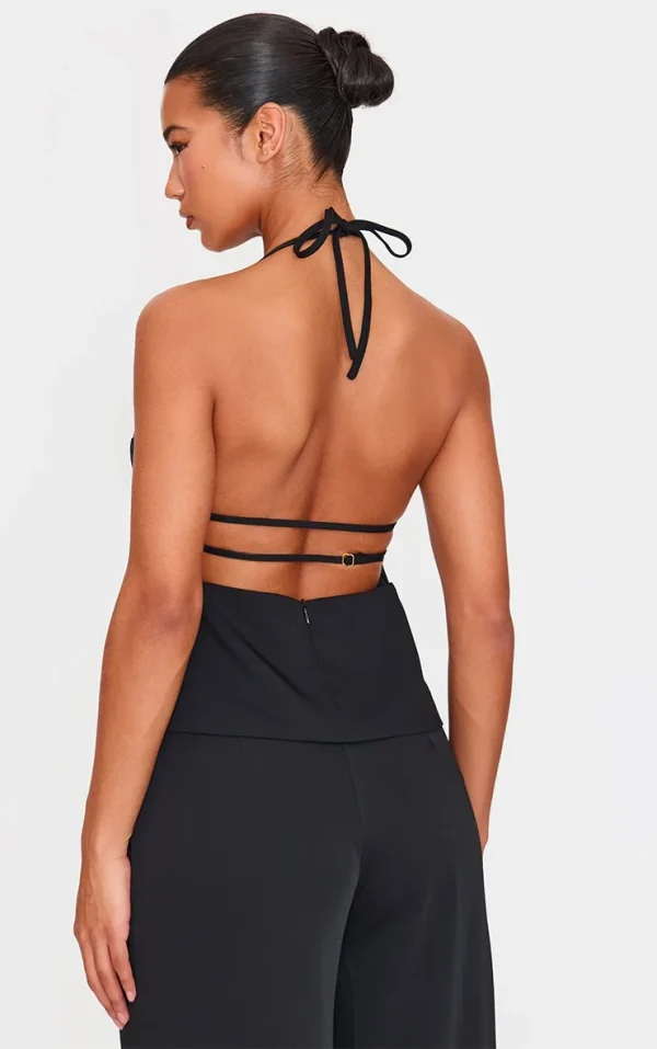 Black Tailored Woven Open Back Long Line Top