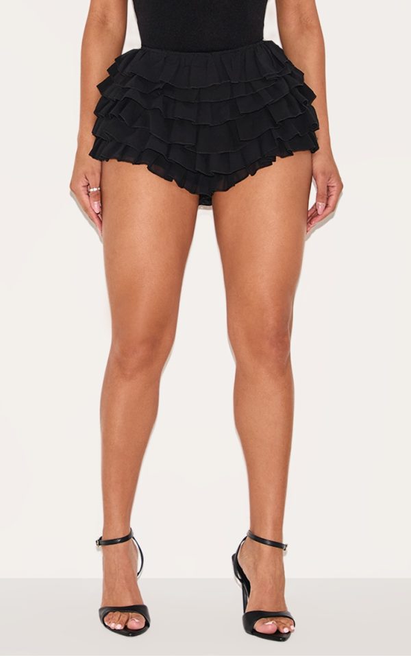 Shape Black Chiffon Ruffle Low Rise Hot Pants