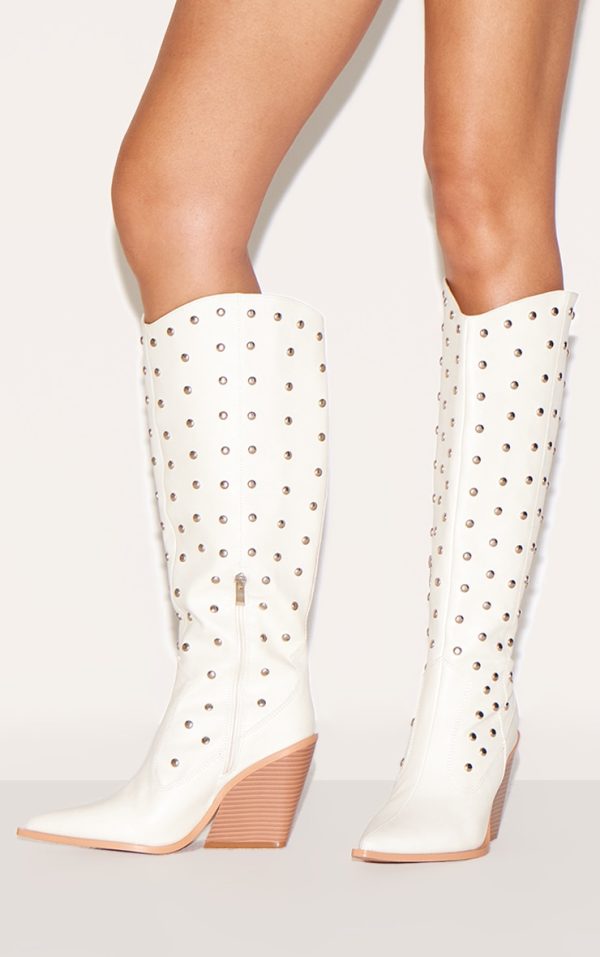 Cream PU Point Toe Silver Stud Knee High Block Heel Western Boots