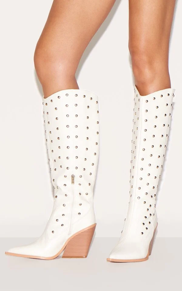 Cream PU Point Toe Silver Stud Knee High Block Heel Western Boots