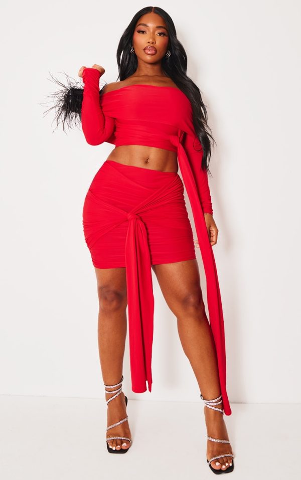 Shape Red Slinky Ruched Knot Side Mini Skirt