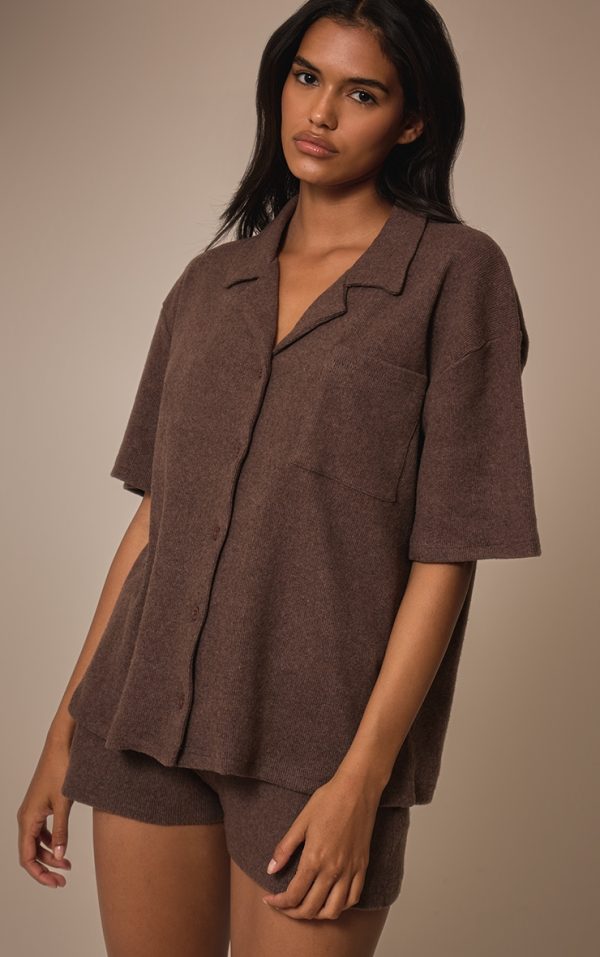 Deep Chocolate Brushed Rib Button Up Boxy Shirt