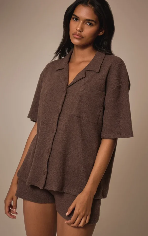 Deep Chocolate Brushed Rib Button Up Boxy Shirt