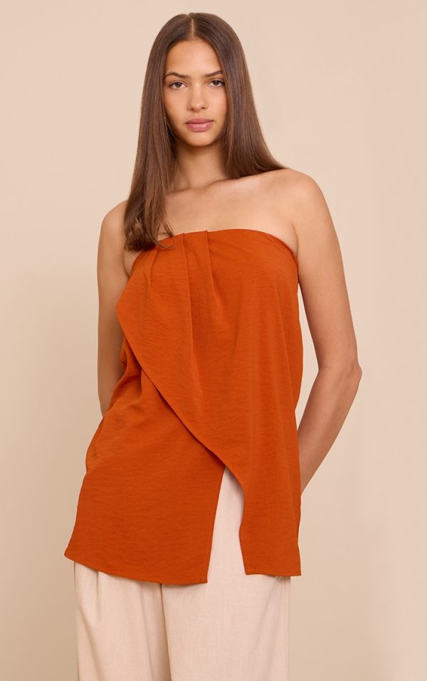 Rust Floaty Woven Split Hem Bandeau Long Top