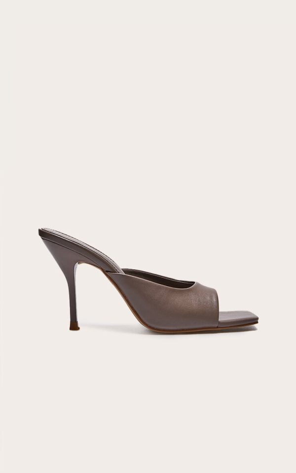 Grey PU Square Toe High Stiletto Heeled Mules