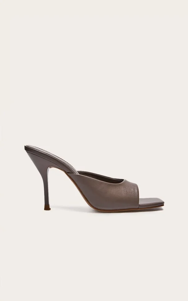Grey PU Square Toe High Stiletto Heeled Mules