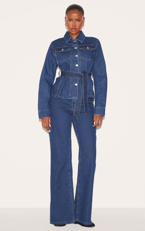 Dark Blue Mid Waist Contrast Stitch Flared Jeans