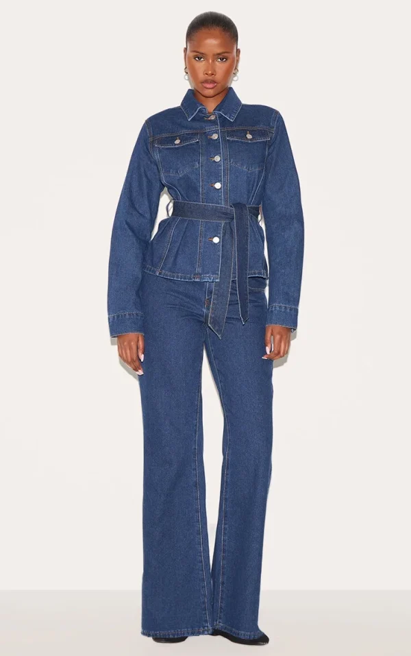 Dark Blue Mid Waist Contrast Stitch Flared Jeans