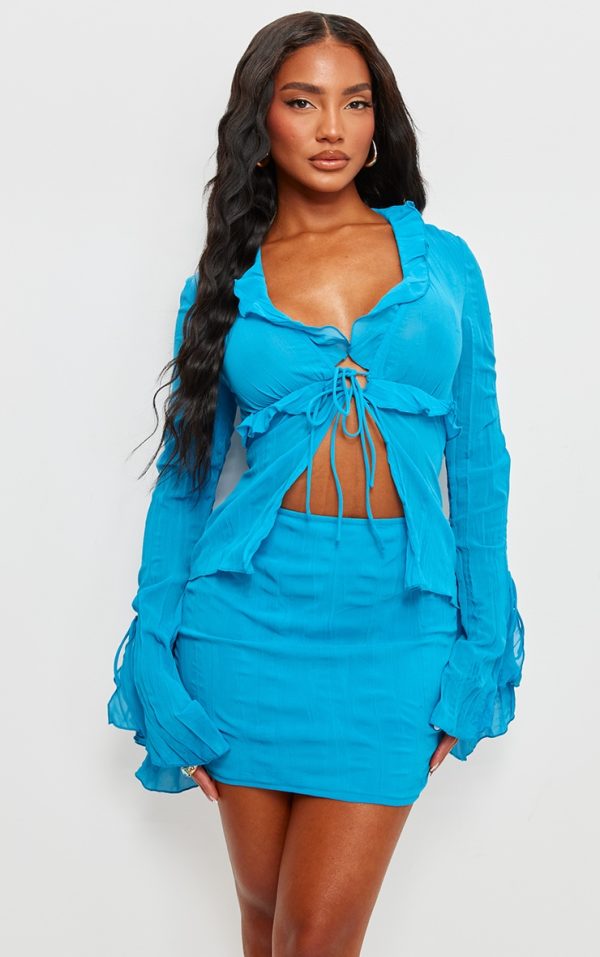 Bright Blue Crinkle Chiffon Tie Detail Flare Sleeve Bodycon Dress