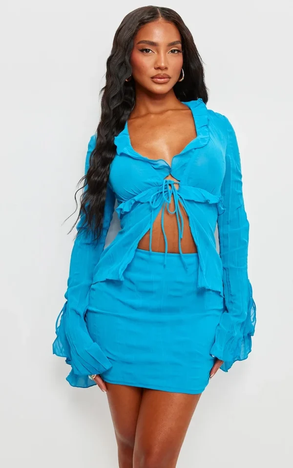 Bright Blue Crinkle Chiffon Tie Detail Flare Sleeve Bodycon Dress