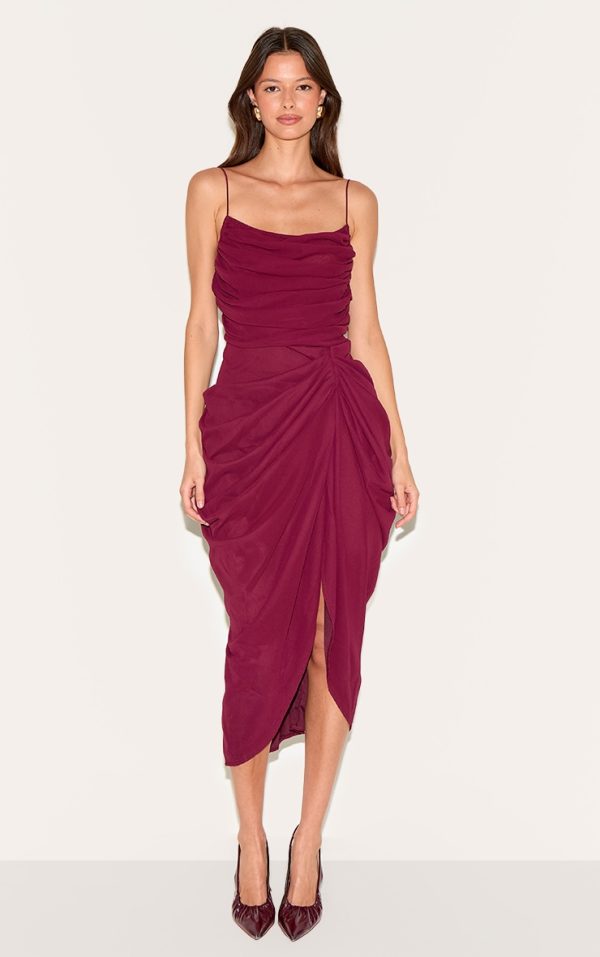 Wine Chiffon Ruched Drape Midi Dress
