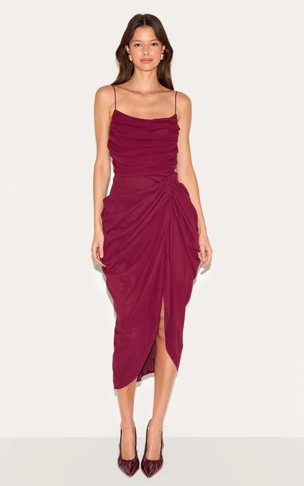 Wine Chiffon Ruched Drape Midi Dress