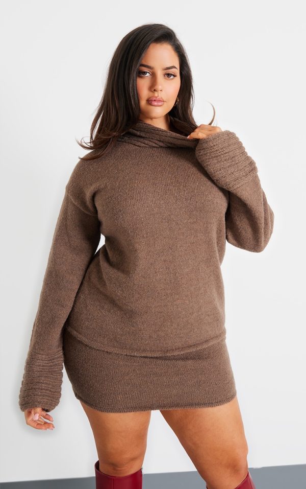 Plus Chocolate Textured Knit Roll Neck Oversized Sweater