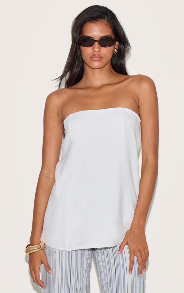 White Linen Look Bandeau Long Line Top