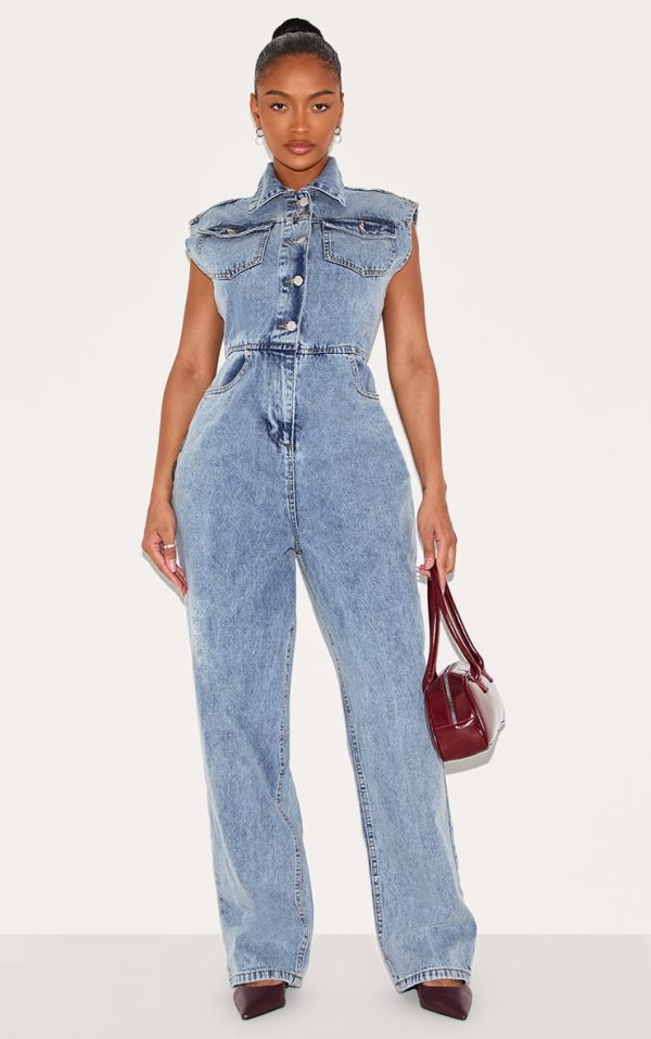 Shape Acid Blue Wash Sleeveless Rigid Denim Jumpsuit