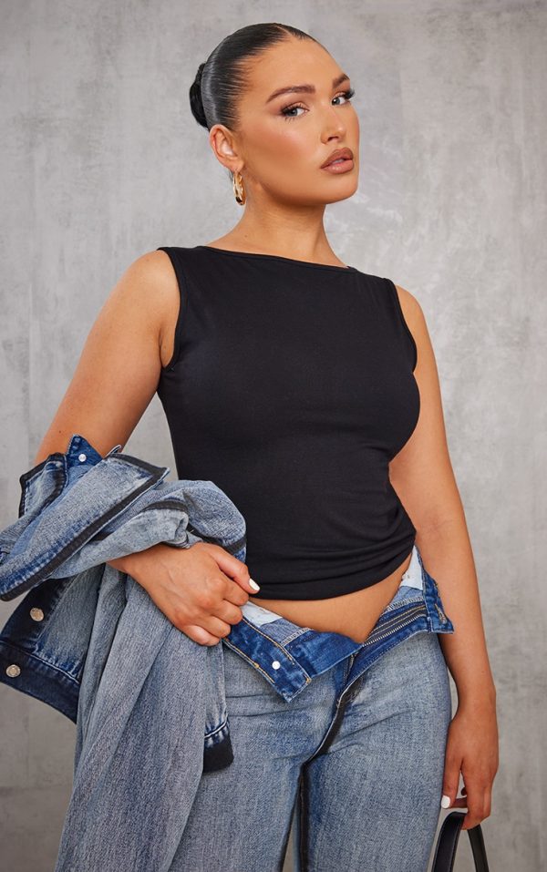 Black Cotton Boatneck Sleeveless Top