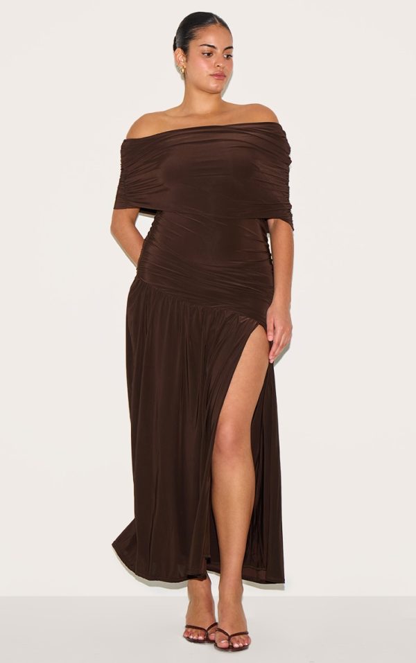 Plus Chocolate Double Layer Slinky Bardot Ruched Maxi Dress