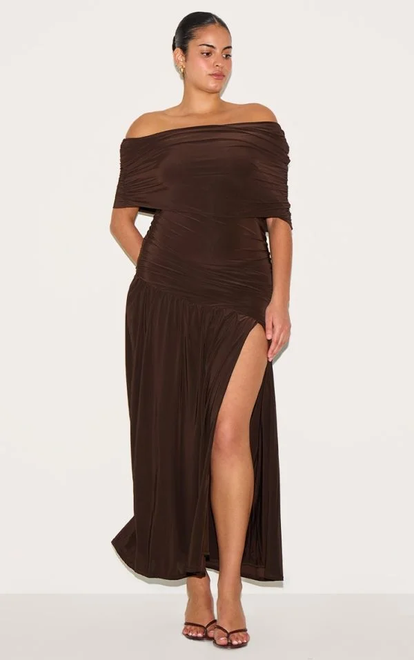 Plus Chocolate Double Layer Slinky Bardot Ruched Maxi Dress