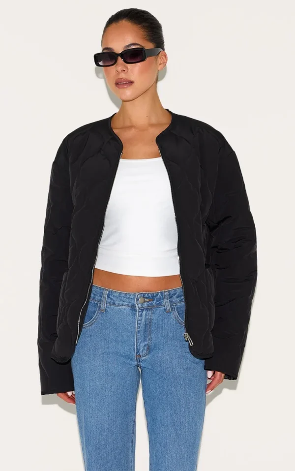 Black Zip Up Quilted Jacket
