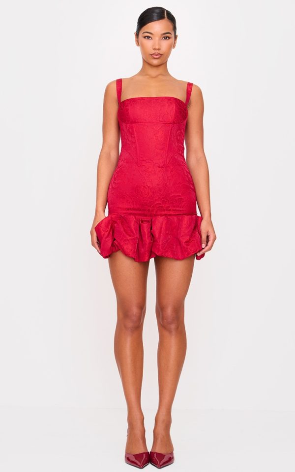Cherry Red Jacquard Puff Ball Hem Mini Dress