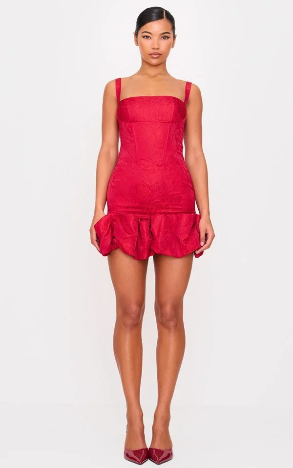 Cherry Red Jacquard Puff Ball Hem Mini Dress