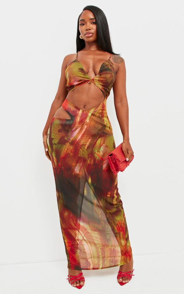 Shape Multi Abstract Print Chiffon Strappy Cut Out Maxi Dress