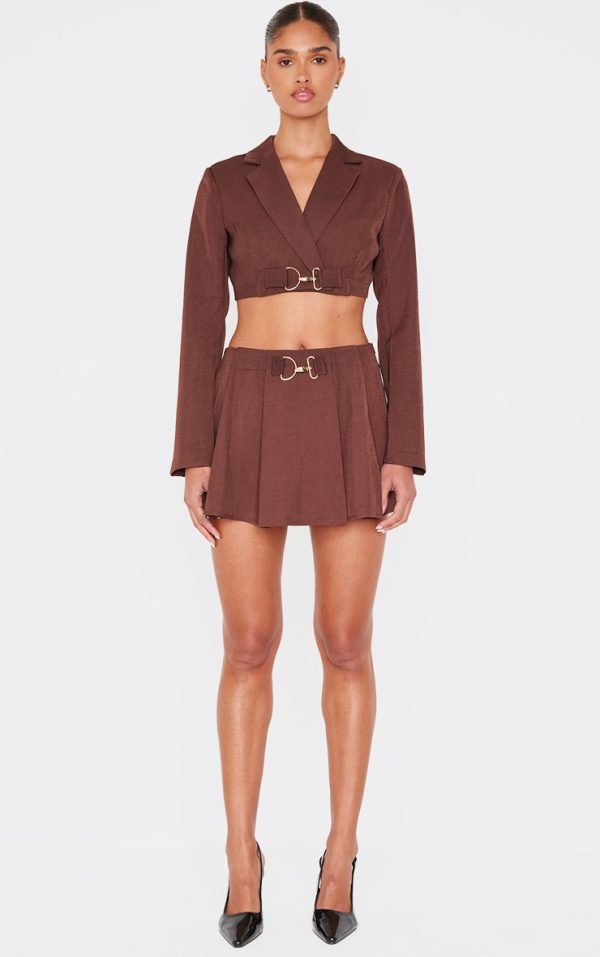 Chocolate Tailored Woven Buckle Detail Pleated Micro Mini Skirt