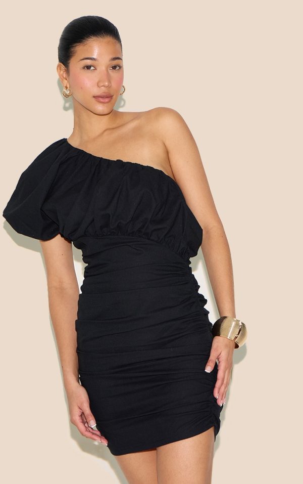 Black Linen-Blend One Shoulder Bodycon Dress