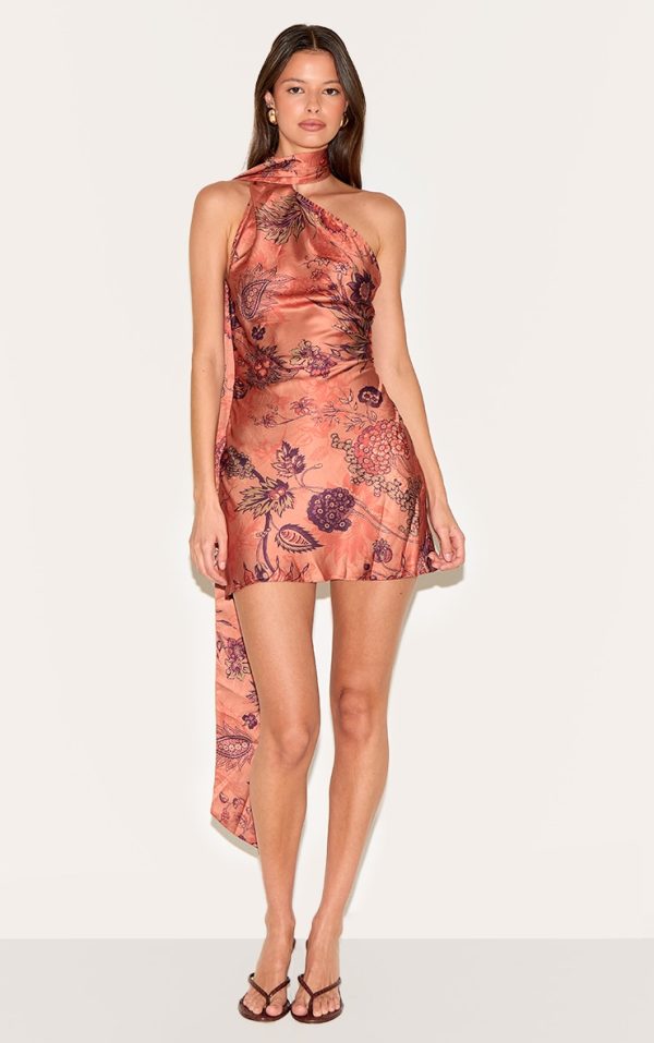 Orange Floral Printed Satin Scarf Detail Bodycon Dress
