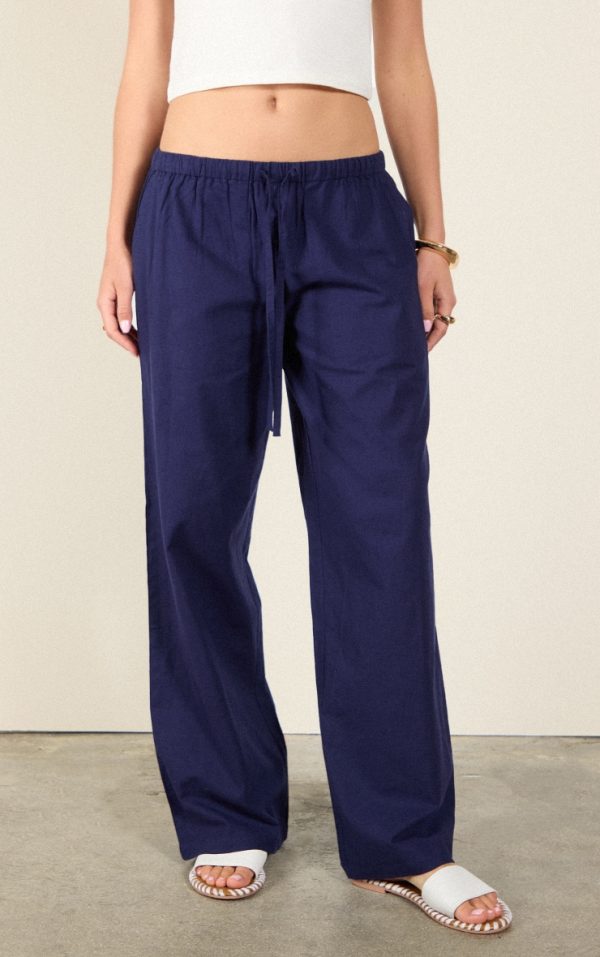 Navy Cotton Linen Look Drawstring Waist Pants
