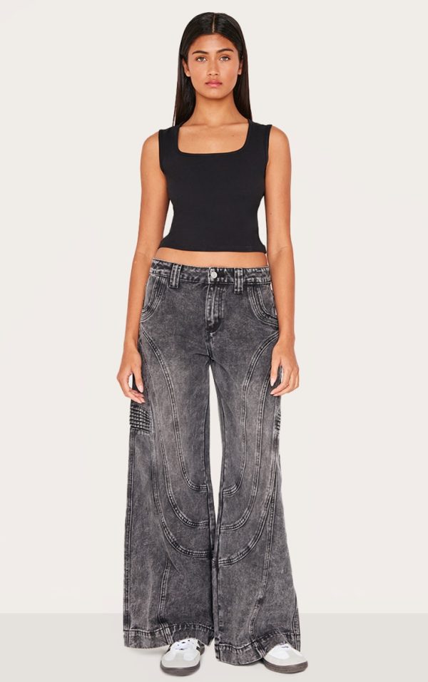 Grey Panel Seam Detail Wide Leg Jeans