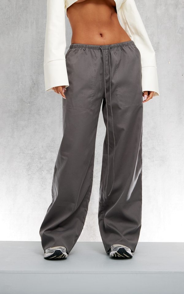 Charcoal Woven Drawstring Waist Low Rise Relaxed Pants