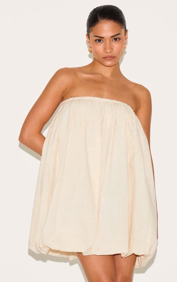 Petite Stone Linen Look Bandeau Puffball Mini Dress