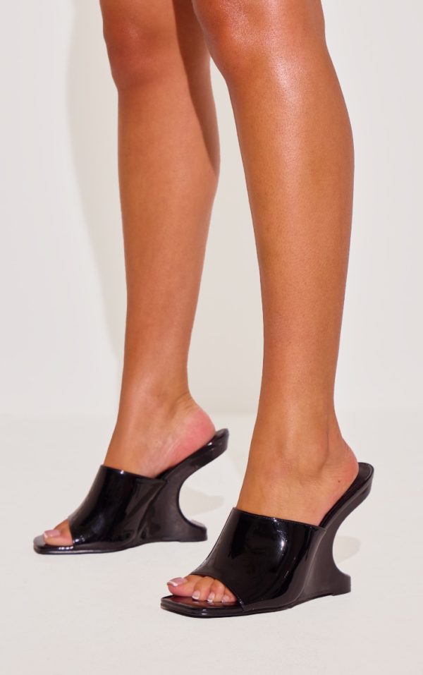 Black Patent Pu Cut Out Heeled Mule Wedges