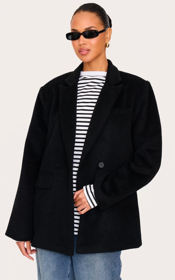 Black Oversized Textured Wool Look Blazer