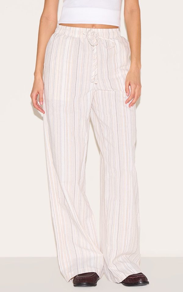Beige Pinstripe Printed Drawstring Waist Slouchy Pants