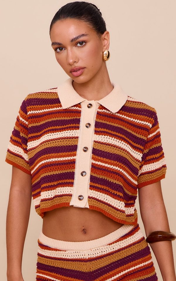 Multi Crochet Stripe Knit Polo Top