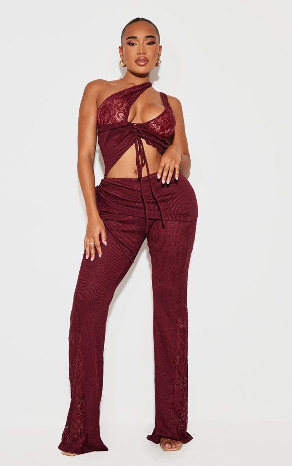 Shape Burgundy Fold Over Ribbed Pant With Side Panel Detail
