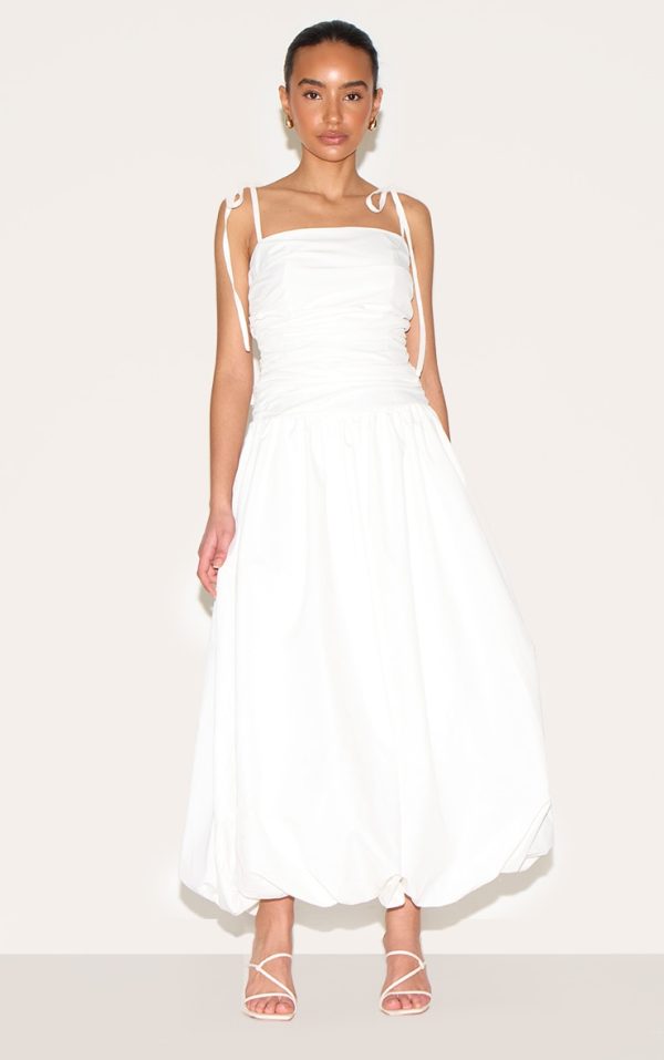 Petite White Spaghetti Strap Puff Midi Dress