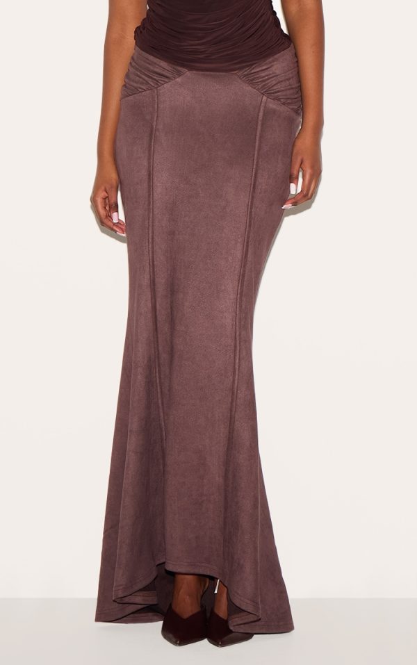 Chocolate Faux Suede Ruching Waist Detail Maxi Skirt