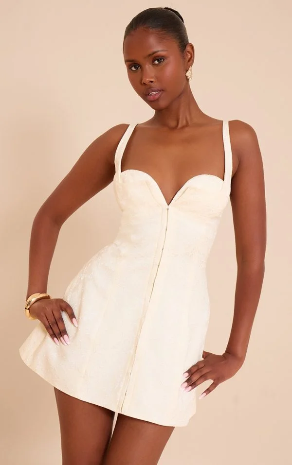Cream Jacquard Plunge Hook And Eye Shift Dress